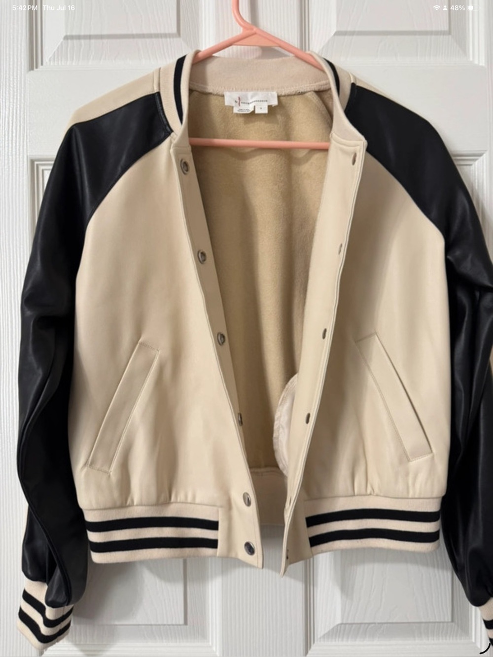 Anthropologie Two-Tone Varsity Jacket in Cream & Black